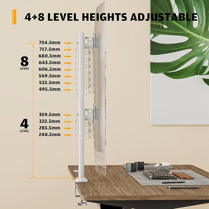 Hemudu Dual Monitor Articulating Desk Mount Arm Stand - Vertical Stack Screen Supports Two 13 to 34 Inch Computer Monitors with C Clamp White
