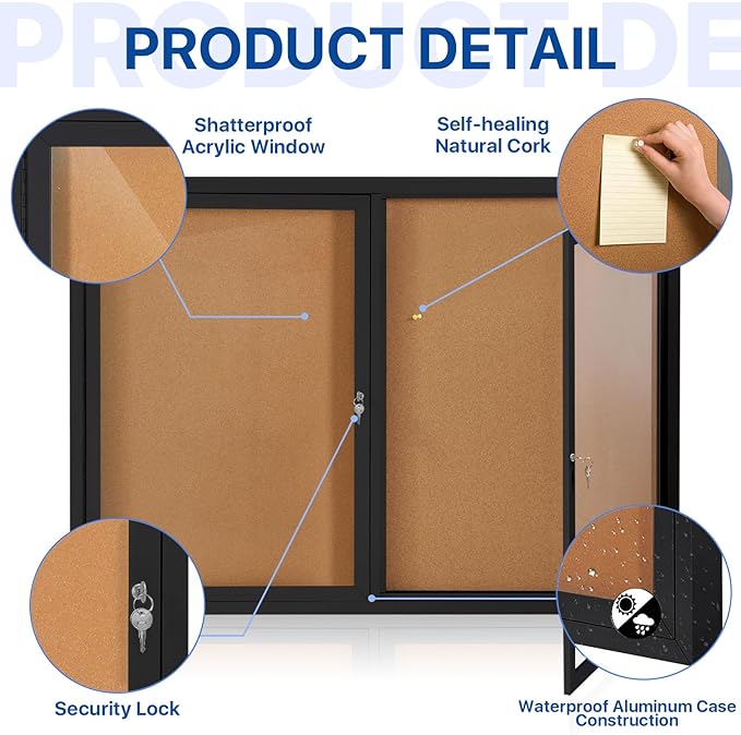 S SWANCROWN Outdoor Bulletin Board Weatherproof 48x36in, Enclosed Bulletin Board Wall Display Case for Office School Commerce, Cork, Black Aluminum Frame
