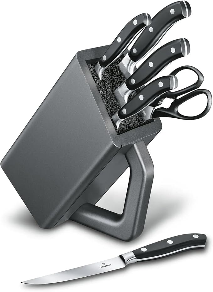 Victorinox Grand Maitre Cutlery Block - Modern Block with Knives - Includes Kitchen Scissors, Chef's Knife, Santoku & More - Black Handles, 6-Piece Set