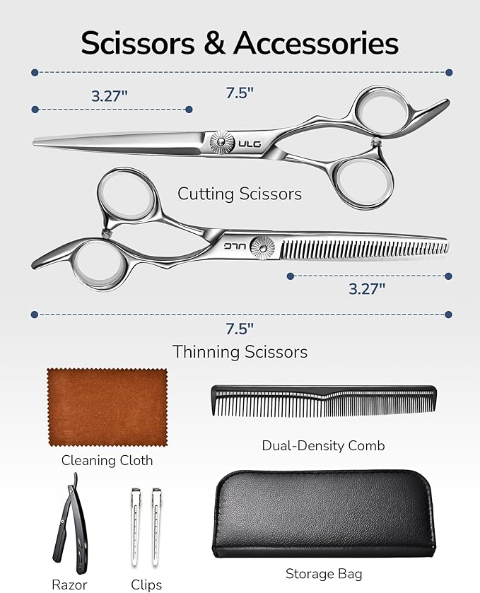 ULG Hair Cutting Scissors Shears Set, 7.5 Inch Professional Barber Thinning Scissor, Hairdressing Texturizing Edge Razor, Comb, Clips, 8 Pcs Stainless Steel Haircut Kit for Salon & Home (Silver)