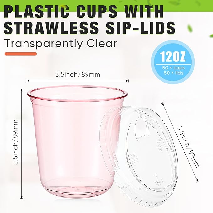 50 Sets Clear Plastic Coffee Cups with Sip Lids, Disposable Plastic PET Crystal Cups for Iced Coffee, Smoothie, Cold Beverage, Drink Shops and Party Catering(Clear Pink,12 oz)