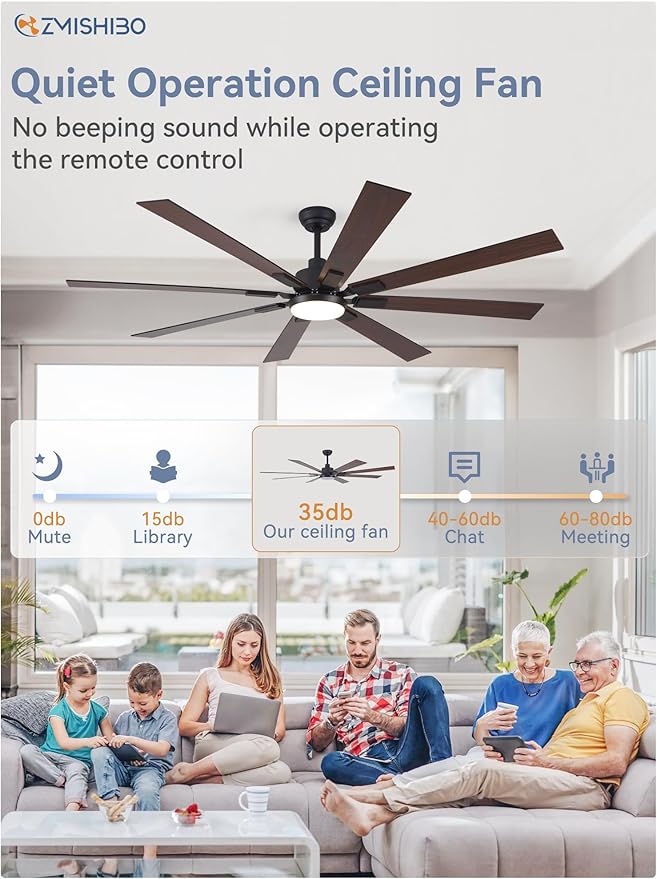 ZMISHIBO 72 inch Large Ceiling Fans with Lights and Remote, Indoor/Outdoor Black Modern Ceiling Fan for Kitchen Living Room Patio, 6 Speed Reversible Quiet DC Motor, 3 CCT, Dual Finish 8 Blades
