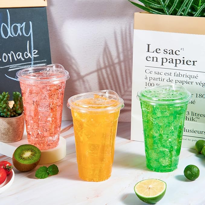 [90 PACK] 20 oz Clear Plastic Cups With Strawless Sip Lids, Disposable Plastic Cups With Sip Through Lids for Ice Coffee, Smoothie, Slurpee, or Any Cold Drinks