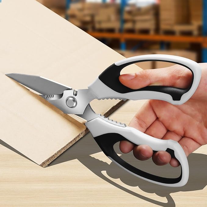 8-Inch Heavy Duty Utility Scissors All Purpose, Serrated Blade, White Comfort Grip for Cutting Carpet, Cardboard, Leather, Fabric, Multipurpose Sharp Shears for Kitchen, Garden, Office, Carft