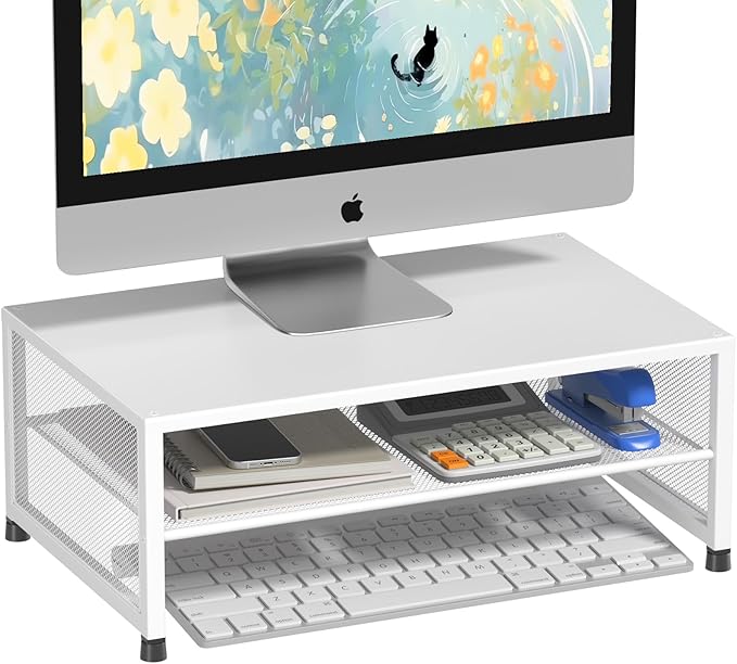 Desk Organizers and Accessories, 2-Tier Metal Computer Monitor Stand Riser, Desk Organizer for Monitor, Printer & Laptop Stand, Desktop Workspace Organizers for Office Supplies(White)