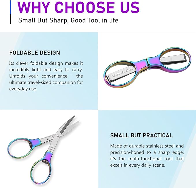 2Pcs Rainbow Folding Scissors,Portable Stainless Steel Telescopic Cutter, Safety Foldable Pocket Badge Small Scissors for Home, Office, Craft, Sewing, Nurse Accessories, Travel