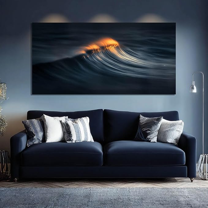 ZENPEE Abstract Wave Canvas Wall Art, 20x40 Inch Ocean Wave Painting in Dark Blue and Orange, Modern Sea Artwork for Living Room Bedroom Office Decor, Ready to Hang