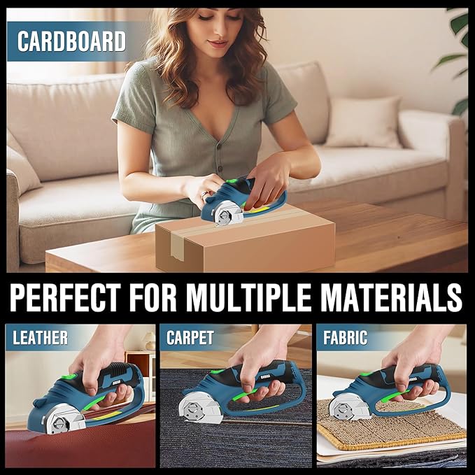 BUBRA Cordless Electric Scissors for Cardboard, Fabric & Carpet, 4V Cardboard Cutter, Rechargeable Electric Box Cutter Cuts up to 1/3", Includes 4 Blades and key,Safety Lock & LED Light