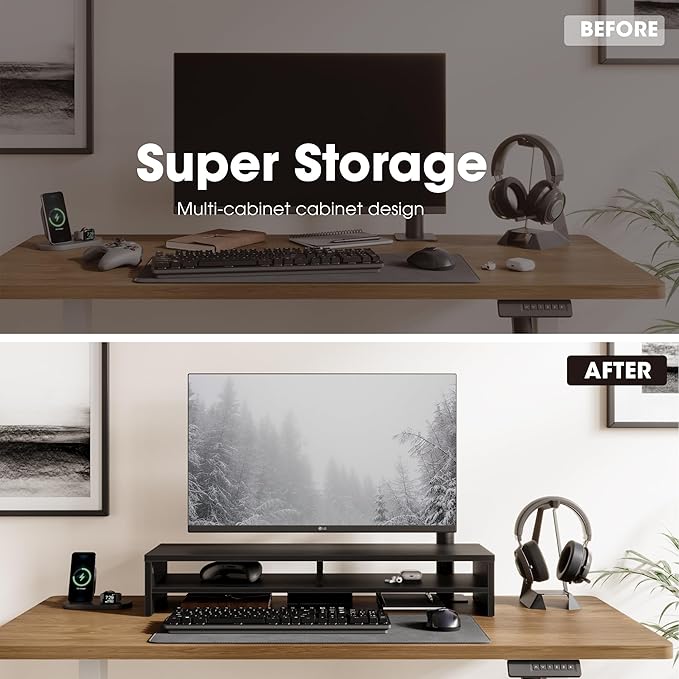 Fenge Monitor Stand, 31.5 Inch Computer Monitor Riser for Desk, 2 Tiers Wood Desk Shelf with Storage, Desktop Organizer for PC, Laptop, Screen, Printer