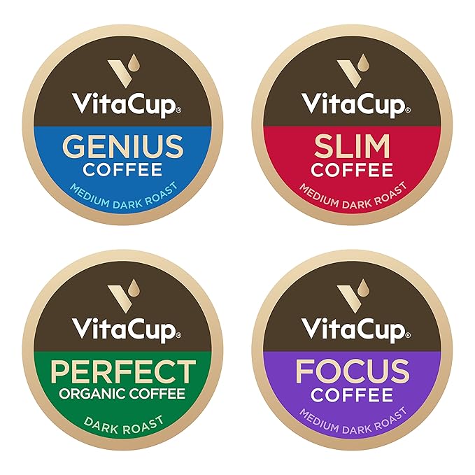 VitaCup Coffee Pods 40ct, Slim w/Garcinia for Diet Support 10ct, Genius Keto w/MCT Oil for Energy & Focus 10ct, Low Acid USDA Organic Perfect 10ct, & Focus w/Mushrooms for Memory & Clarity 10ct