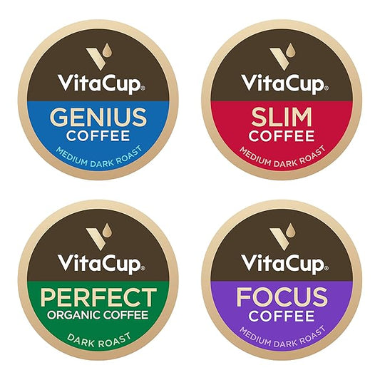 VitaCup Coffee Pods 40ct, Slim w/Garcinia for Diet Support 10ct, Genius Keto w/MCT Oil for Energy & Focus 10ct, Low Acid USDA Organic Perfect 10ct, & Focus w/Mushrooms for Memory & Clarity 10ct