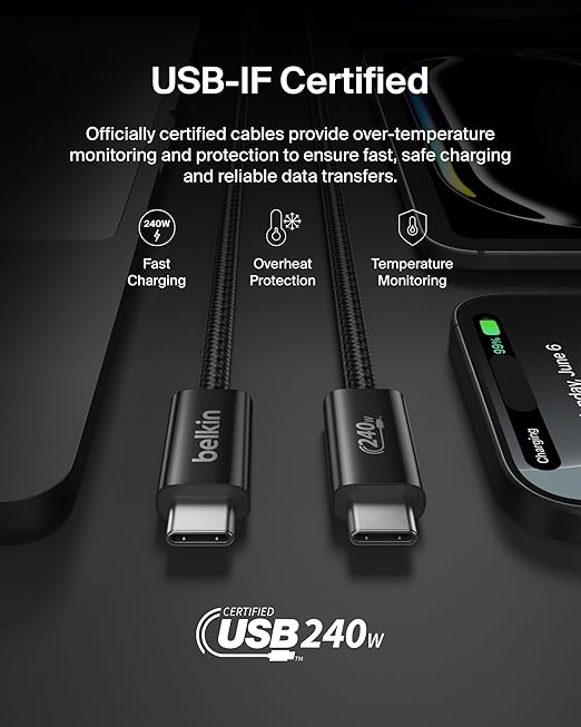 Belkin USB C to USB C Cable, 3.3ft, 240W - Type C Charger, iPhone Charger Cord, Soft, Braided, Flexible for iPhone 17, Galaxy S25, Pixel 10, MacBook, Chromebook, iPad Pro, Switch Steam Deck – Black