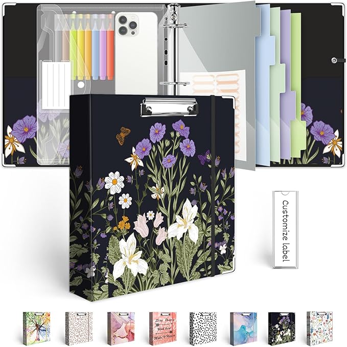 3 Ring Binder 2 Inch for 8.5"x11" Paper, Three Ring Binders with Clipboard, 5 Dividers with Tabs and Pockets, Plastic Folder, 18 Divider Stikers,Decorative Black Binder with Pen Holder,Weeds