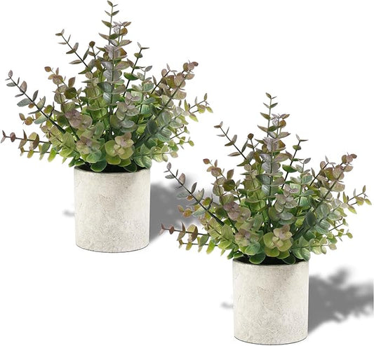 2 Pack Small Fake Plants Christmas Plants Eucalyptus Potted Artificial Plants for Home Indoor Fireplace Mantel Shelf Desk Home Bathroom Farmhouse Room Coffee Christmas Table Decor Xmas Decor (Purple)