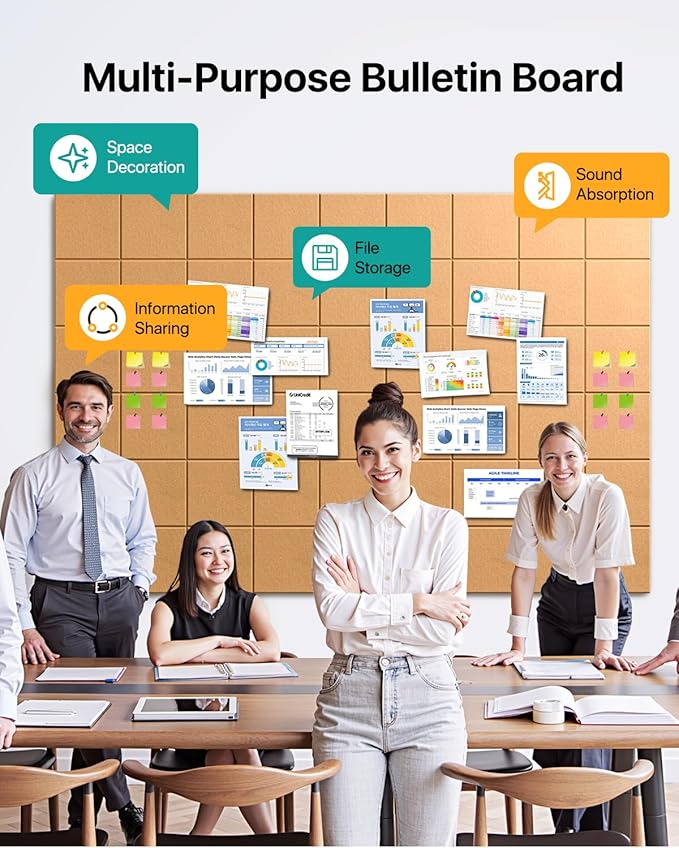 Large Cork Boards for Walls, 47"x35" Bulletin Board, 12-Pack Felt Wall Tiles with 60 Adhesive Tabs, Cork Boards for Office Decor, Felt Board Alternative Pin Board