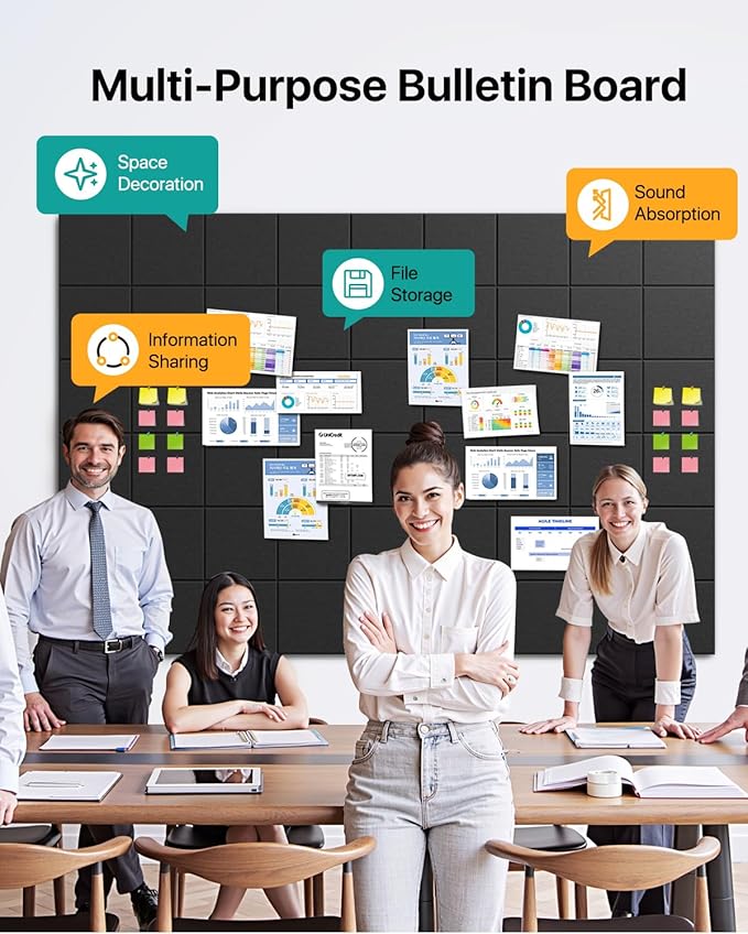 Large Cork Boards for Walls, 47"x35" Bulletin Board, 12-Pack Felt Wall Tiles with 60 Adhesive Tabs, Cork Boards for Office Decor, Felt Board Alternative Pin Board