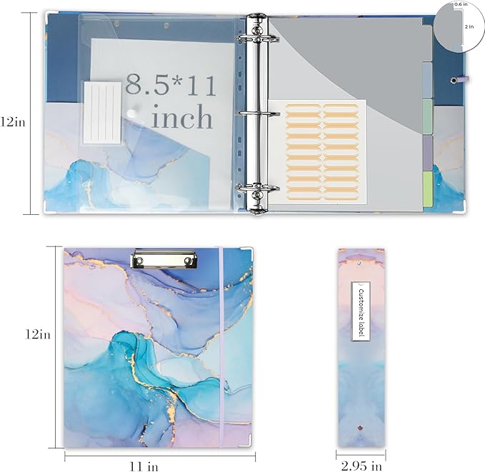2 Inch 3 Ring Binder Organizer with Clipboard, 5-Tab Pockets Dividers, Transparent Folder, 18 Divider Stikers, BVSSX Decorative Three Ring Binder with Pen Loop, Elastic Strap (Blue Marble,Letter Size)