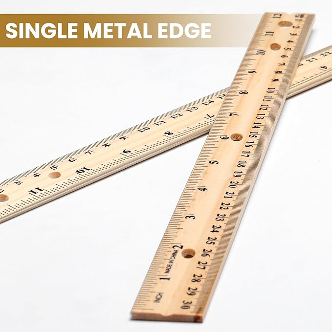 12 Pack 12 Pack Christmas Wooden Ruler Gifts 12 Inch (30cm) Bulk Wood Measuring Ruler Straight Metal Edge with 4 Holes for Teacher School Office Drafting Classroom Supplies, 2 Scale
