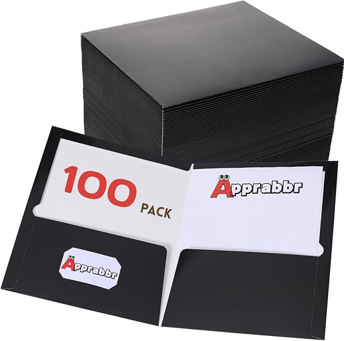 100 Pack 2 Pocket Glossy Laminated Paper Folders Letter Size First Day of School Presentation Folder Bulk Back to School Items for School Supplies Teacher Office Business Home - Black