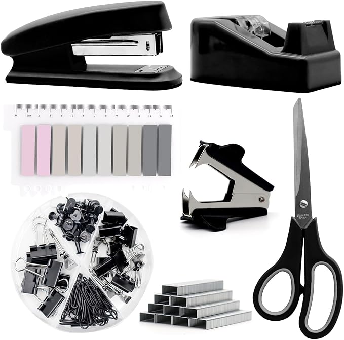 sportsvoutdoors Black Desk Accessories, Black Office Supplies, Stapler and Tape Dispenser Set, Black Desk Accessory Kit, Gift for Students, Women, Coworkers, Boss Lady, Office Clerks