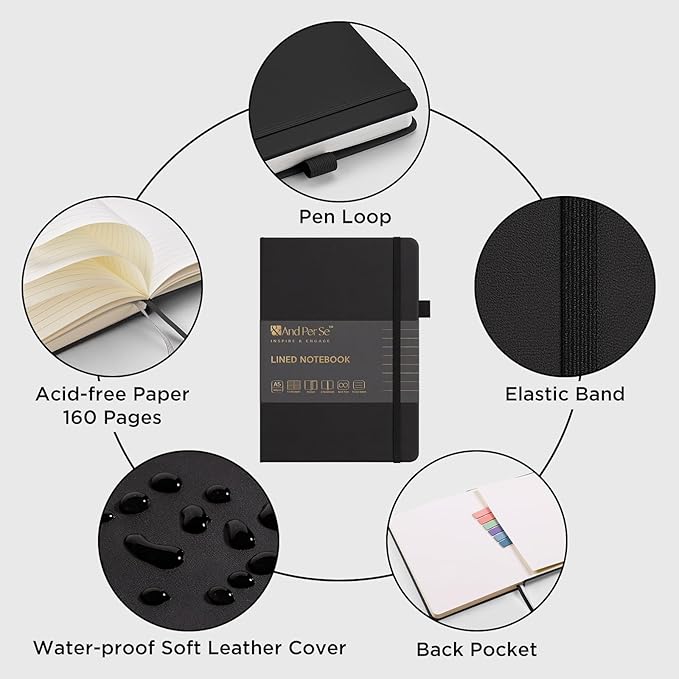 &And Per Se Lined Journal and Pen Set, A5 Hardcover Notebook, 160 Pages 100GSM Thick Paper-Gifts for Men Women, for Work, Business, School or Home Writing (Black)