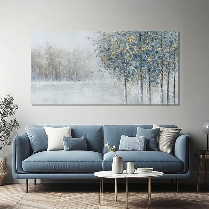 ZENPEE Abstract Forest Canvas Wall Art, 20x40 Inch Blue and Gold Tree Painting, Modern Nature Landscape Artwork for Living Room Bedroom Office Decor, Ready to Hang