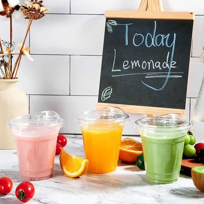 [100 PACK] 12 oz Clear Plastic Cups With Strawless Sip Lids, Disposable Plastic Cups With Sip Through Lids for Ice Coffee, Smoothie, Slurpee, or Any Cold Drinks