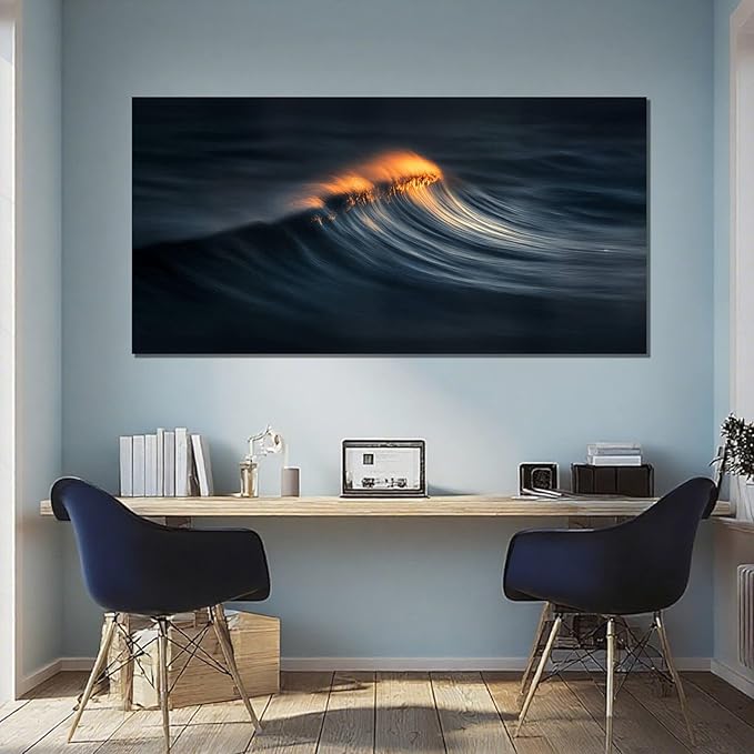 ZENPEE Abstract Wave Canvas Wall Art, 20x40 Inch Ocean Wave Painting in Dark Blue and Orange, Modern Sea Artwork for Living Room Bedroom Office Decor, Ready to Hang