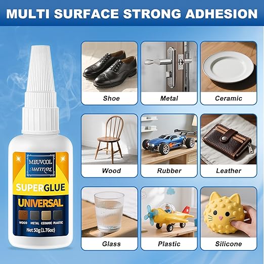 Super Glue All Purpose 100g - Instant & Waterproof Superglue for Plastic, Ceramic, Wood, Shoe, Glass, Leather, Rubber, Shoe Ca Glue - Strong & Clear Liquid Cyanoacrylate Adhesive, 6 Nozzles