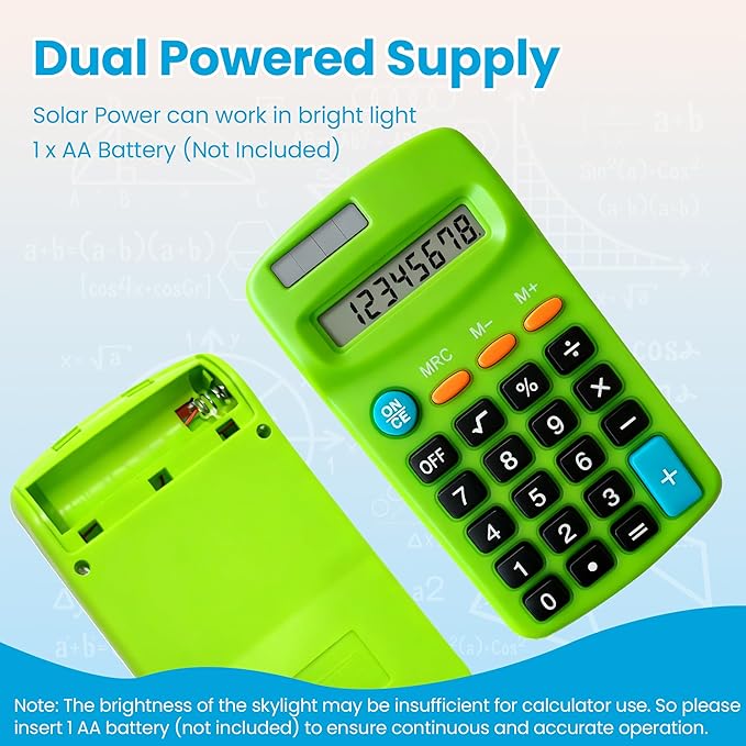 12 Pack Pocket Calculator Bulk: 8 Digit Hand Held Basic Calculator Small Solar Battery Dual Power Mini Calculators for Classroom Students Desktop School Home Office (Multicolor, 12 Pcs)