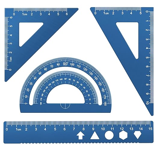 MSDADA Triangle Ruler, Protractor, Square and Ruler Set, 4 Pieces Aluminum Alloy Ruler, Metal Drafting Ruler Kit, Geometric Protractor for Student, School, Home, Office (Blue, 15cm/5.9inch)