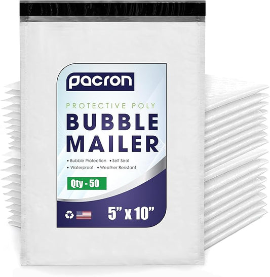 50-Pack Waterproof Poly Bubble Mailers 5 x 10 - Thick, Durable, Instant Seal Envelopes with Strong Adhesive - Protective Shipping Mailers for Jewelry, Cosmetics, SD Cards, USB Cables