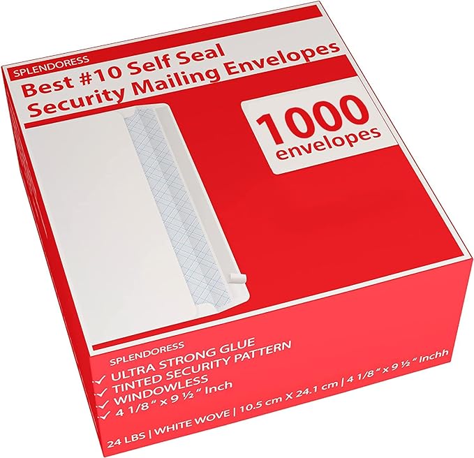 #10 Envelopes Letter Size Self Seal | 1,000 Business Mailing Security Peel and Sealing Envelope | 100% Tinted | no 10 White Windowless Legal Regular Plain Envelops Pack | 4-1/8 x 9-1/2 Inches | 24 LB