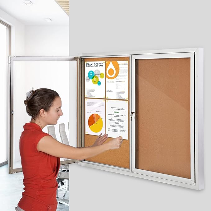 SWANCROWN Weather Resistant Enclosed Bulletin Board Cork Displays Boards Wall Mounted Notice Case with 2 Locking Door