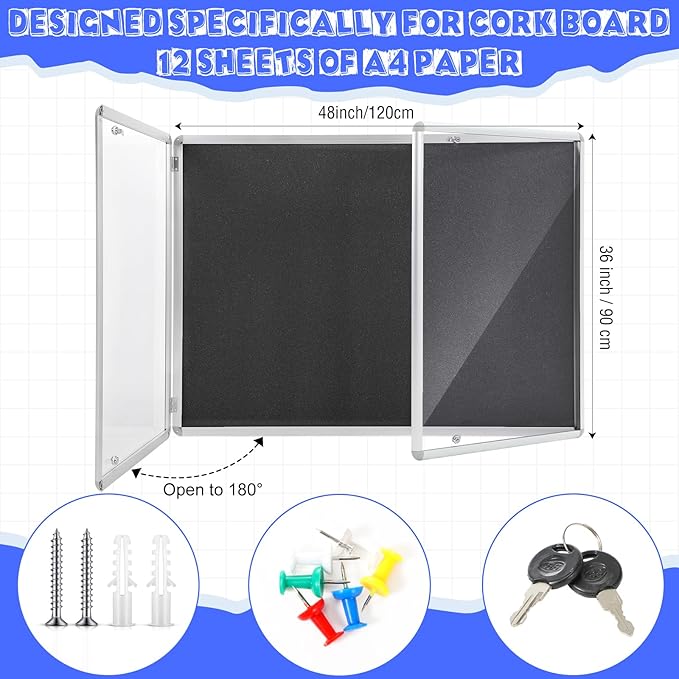 Enclosed Bulletin Board 48" x 36" Weather Resistant Lockable Notice Cork Display Board Wall Mounted 2 Locking Door for School Classroom Commercial Christmas, 12 x A4(Black, Silver Frame)