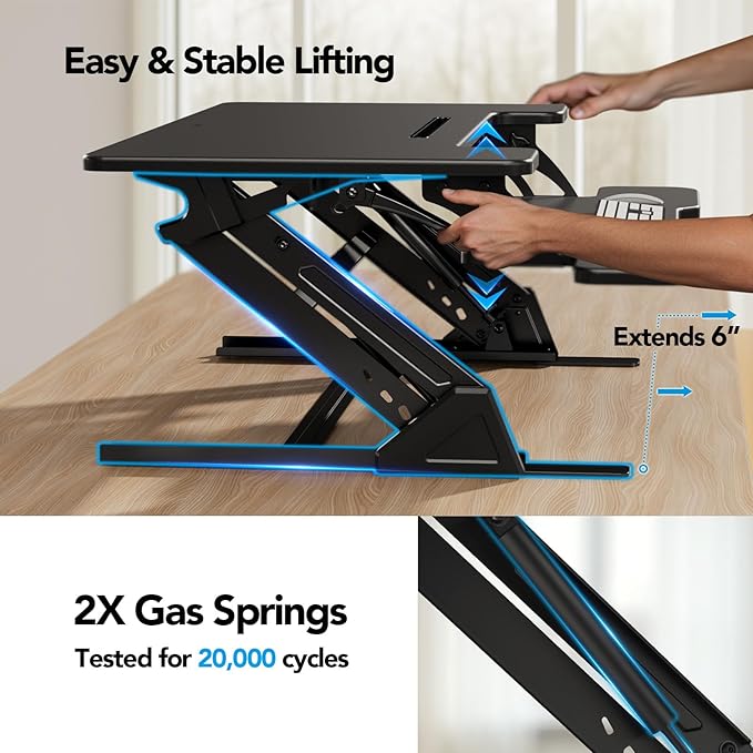 HUANUO 36" Z Shaped Stable Standing Desk Converter, Height Adjustable Sit Stand Up Desk Riser, Dual Monitor and Laptop Workstation with Wide Keyboard Tray, Desk Lifter for Home Office