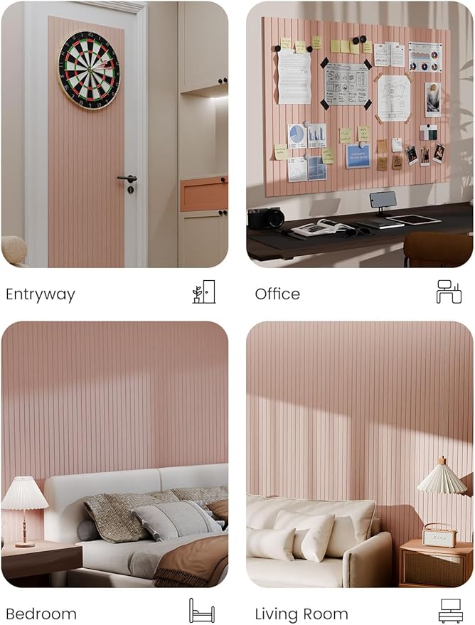 Bumusty Large Cork Board Alternative-47 x35 Felt Bulletin Board Tiles, with 30 Pushpins, 70 Adhesive Tabs, 12-Pack Slat Wall Paneling, Cork Boards for Office Push Pin Board Felt Board-Pink