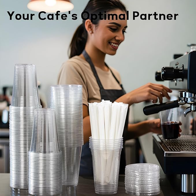 AOZITA 100 Pack 12 oz Clear Plastic Cups with Lids and Straws, Disposable Iced Coffee Cups for Cold Beverages, Smoothies, Iced Coffee, Leak-Proof, BPA-Free