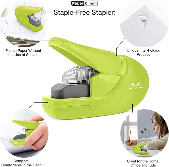 Plus Paper Clinch Compact Staple-Free Stapler, Green