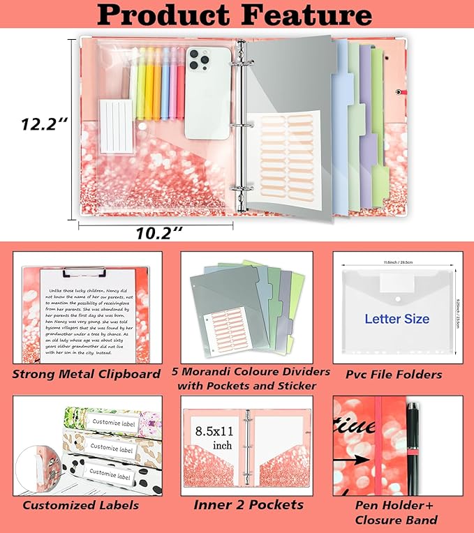 3 Ring Binder 1 Inch, Three Ring Binders Organizer with Clipboard, 5-Tabs Pockets Dividers, Plastic Folder, 18 Divider Stikers, BVSSX Pink Decorative Binder with Pen Loop (Stay Positive, Letter Size)