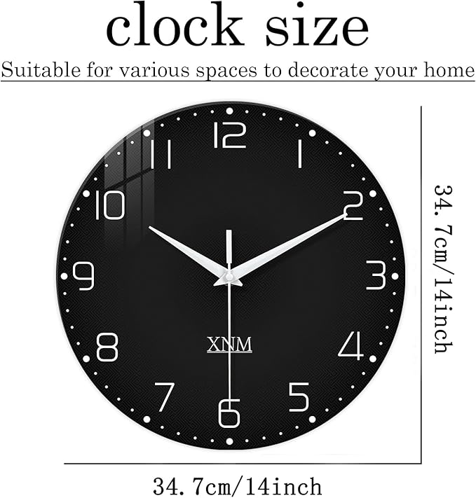 XNM Decorative Wall Clocks Battery Operated 14 Inch Black Wall Clock for Office Glass Modern Wall Clock Silent