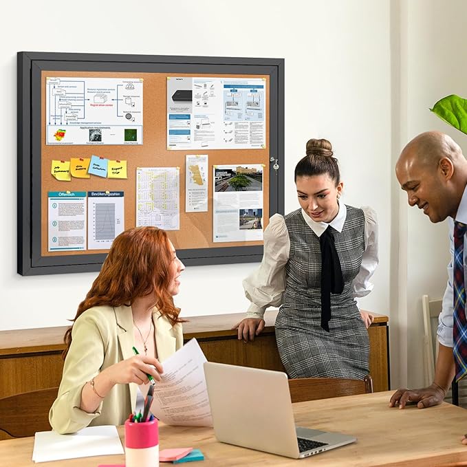 SWANCROWN Outdoor Bulletin Board 37x28in, Enclosed Bulletin Board with Locking Door Wall Display Case for Office School Commerce, Cork, Black Aluminum Frame (8xA4)
