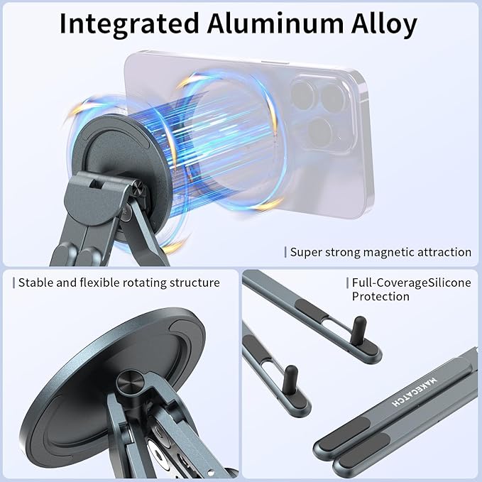 Adjustable Laptop Stand for Desk with Magnetic Phone Holder, MagSafe Compatible Portable Foldable Computer Riser for MacBook, iPhone, iPad, Tablet - Perfect for Office, Home, Traveling