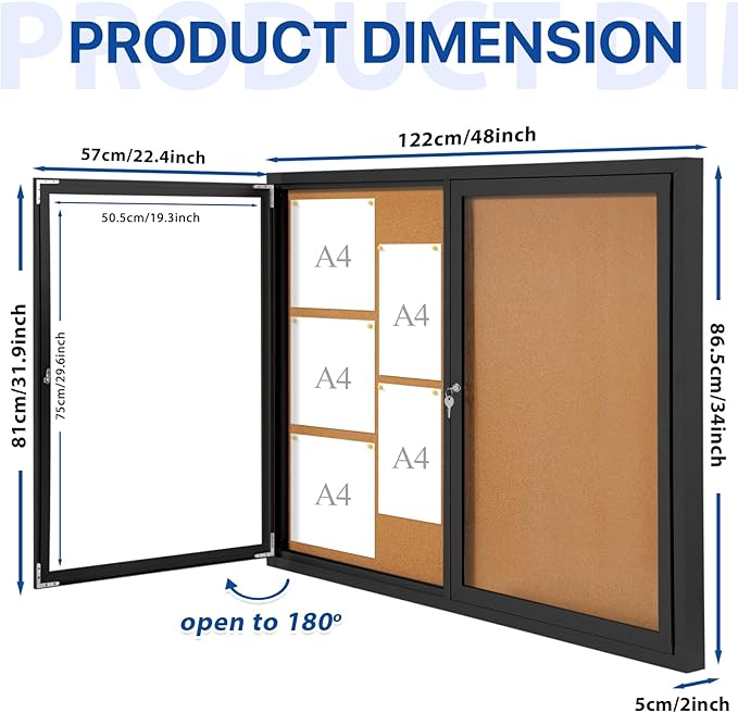 S SWANCROWN Outdoor Bulletin Board Weatherproof 48x36in, Enclosed Bulletin Board Wall Display Case for Office School Commerce, Cork, Black Aluminum Frame