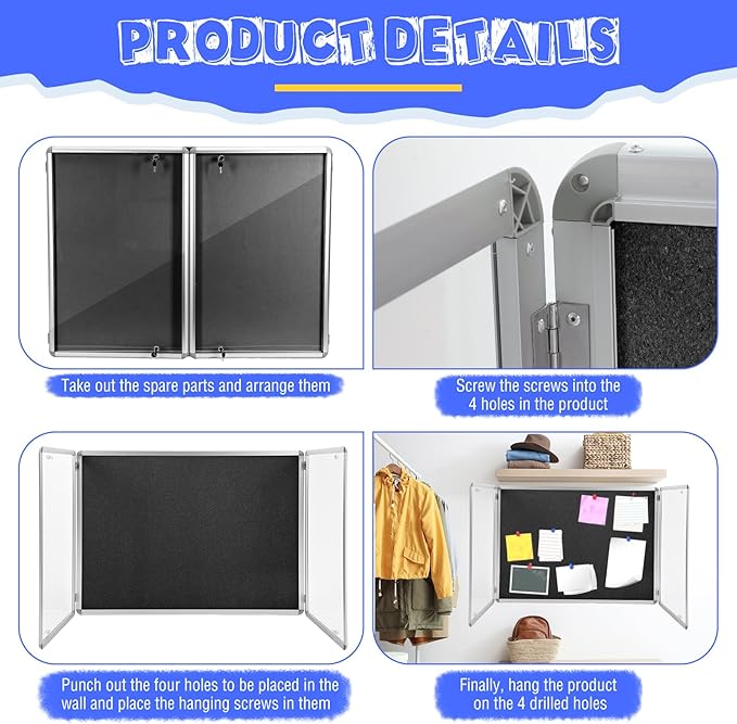 Enclosed Bulletin Board 48" x 36" Weather Resistant Lockable Notice Cork Display Board Wall Mounted 2 Locking Door for School Classroom Commercial Christmas, 12 x A4(Black, Silver Frame)