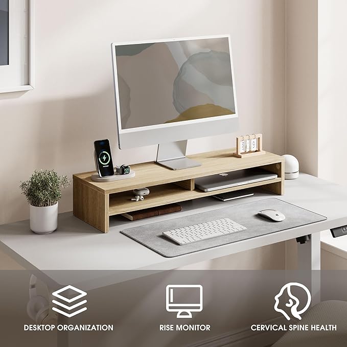 Fenge Monitor Stand, 31.5 Inch Computer Monitor Riser for Desk, 2 Tiers Wood Desk Shelf with Storage, Desktop Organizer for PC, Laptop, Screen, Printer