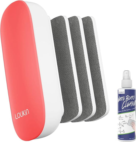 loukin Replaceable Dry Erase Eraser, Magnetic Whiteboard Eraser with 3 Replaceable Felt Pads, 4-in-1 Glass Whiteboard Erasers, 3.4 fl oz Cleaner Included (Red)