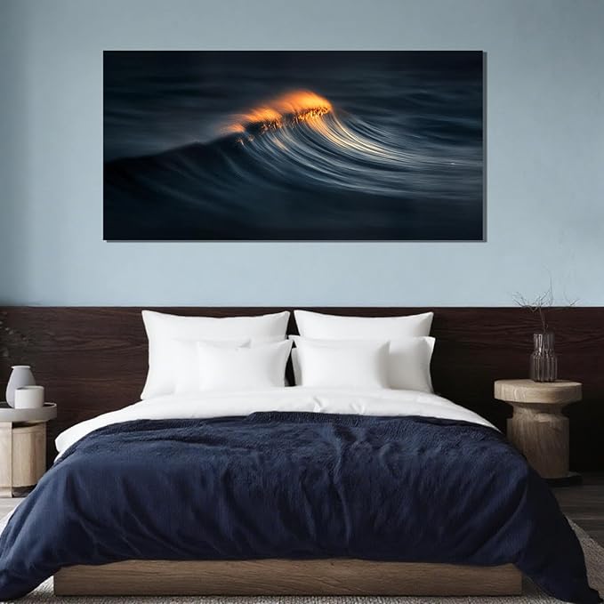 ZENPEE Abstract Wave Canvas Wall Art, 20x40 Inch Ocean Wave Painting in Dark Blue and Orange, Modern Sea Artwork for Living Room Bedroom Office Decor, Ready to Hang