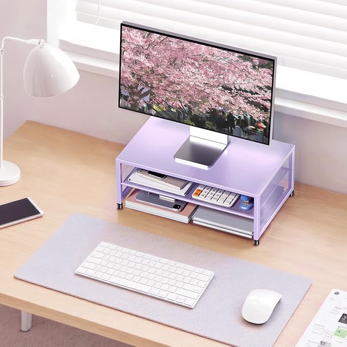Desk Organizers and Accessories, 2-Tier Metal Computer Monitor Stand Riser, Desk Organizer for Monitor, Printer & Laptop Stand, Desktop Workspace Organizers for Office Supplies(Purple)