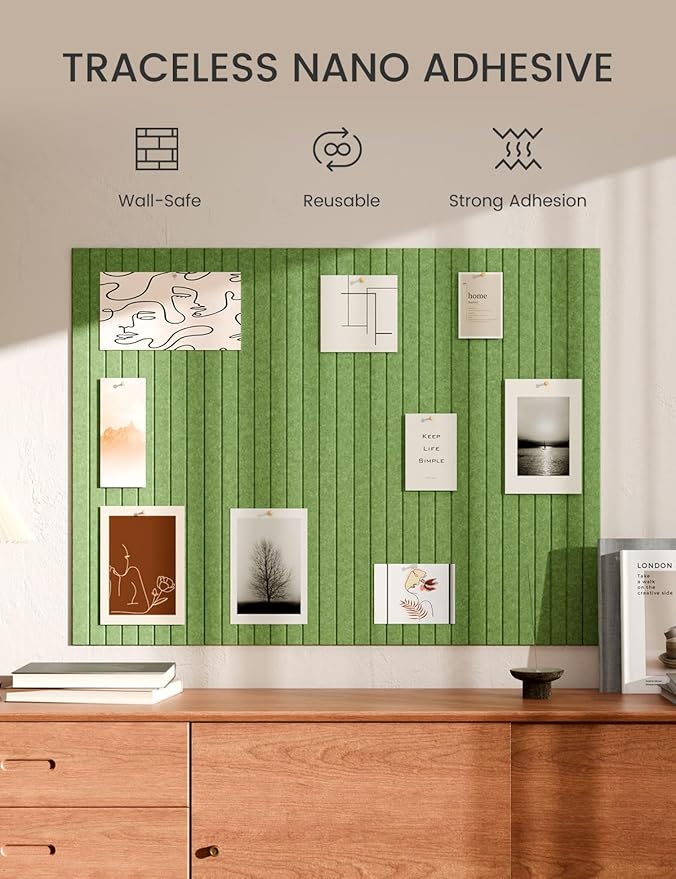 Bumusty Large Cork Board Alternative-47 x35 Felt Bulletin Board Tiles, with 30 Pushpins, 70 Adhesive Tabs, 12-Pack Slat Wall Paneling, Cork Boards for Office Push Pin Board Felt Board-Grass Green